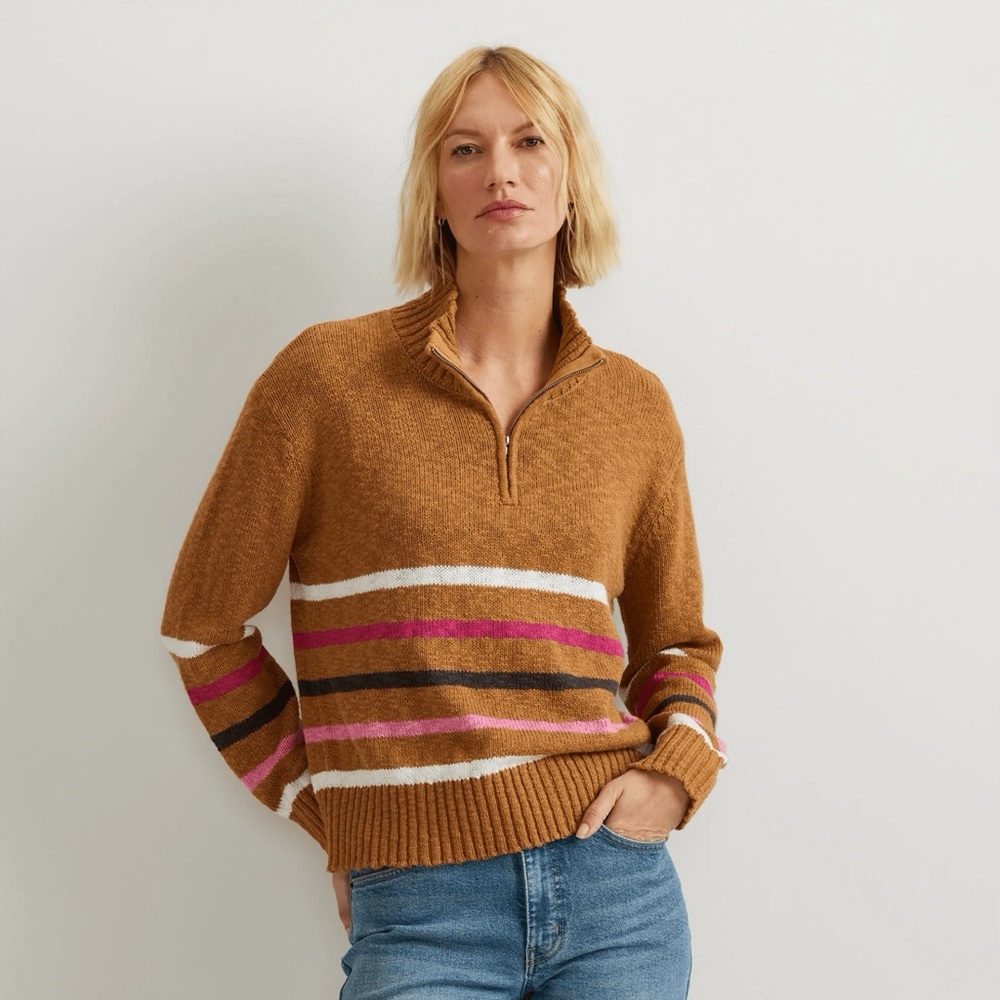 Eddie Bauer Quarter Zip Knit Pullover Sweater Cotton Taupe Striped